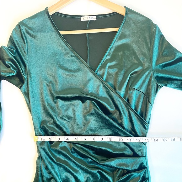 Green Velour Wrap Style Midi Dress Medium Ruched Long Sleeve Holiday Glam - Picture 5 of 6